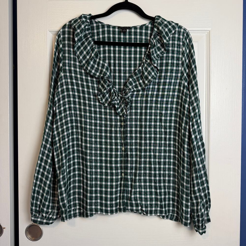 Ann Taylor Plaid Ruffle Blouse Size M Green Metallic Long Sleeve Button Front